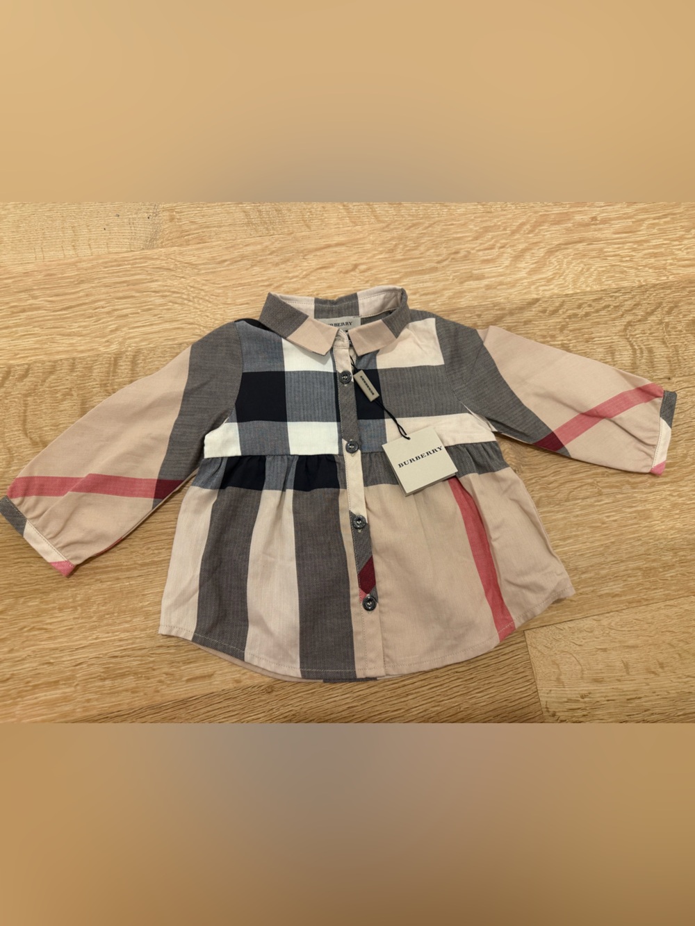 NWT Burberry Baby Button-Up Peplum Top Classic Plaid Pattern with Silver Buttons